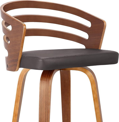 Armen Living Jayden Mid Century Modern Swivel Bar Stool for Kitchen Island Counter in Brown Faux Leather and Walnut Wood, 26" Seat Height