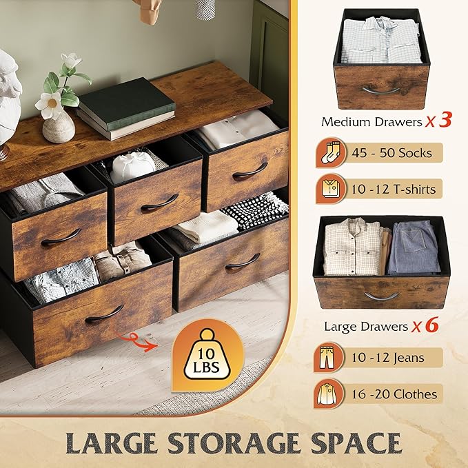 WLIVE Dresser for Bedroom with 5 Drawers, Wide Chest of Drawers, Fabric Dresser, Storage Organizer Unit with Fabric Bins for Closet, Living Room, Hallway, Rustic Brown Wood Grain Print