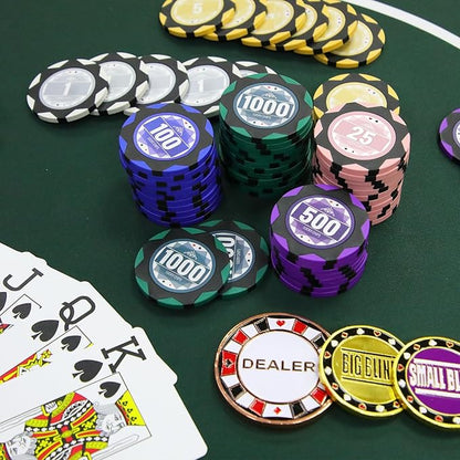 ORIENGEAR Poker Chip Set with Denominations 500 PCS with 14 Gram Numbered Clay Chips, Texas Hold?™em Casino Chip Sets with 2 Decks of Plastic Playing Cards, for Blackjack Gambling Games, Black Case