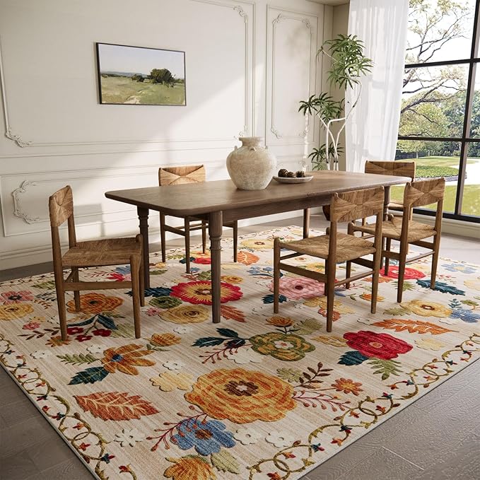 10x14 Area Rug Washable Rugs: Large Living Room Rug Stain Resistant Non Slip Distressed Vintage Floral Rug Low Pile Faux Wool Soft Rugs for Bedroom Bedside Farmhouse Dining Room Kids Playroom Nursery