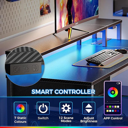 SUPERJARE 47 inch Reversible L Shaped Desk with LED Lights & Power Outlets, Computer Desk with Shelves & Monitor Stand, Gaming Desk with Drawer, Home Office Desk Corner Desk, Carbon Fiber Black