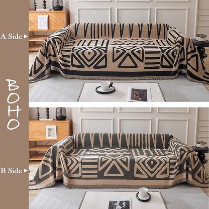 HANDONTIME Boho Geometric Couch Covers for Sofa Pet Friendly Taupe and Black Sofa Covers Washable Chenille Couch Blanket Cover for 2 3 Cushion Couches Pet Protector Furniture Cover Soft, 71" X 118"