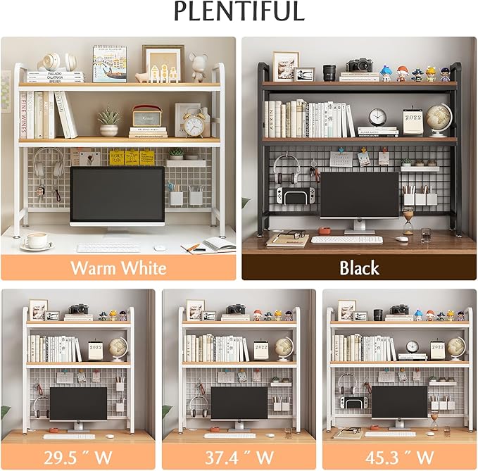 IOTXY 2-Tier Desktop Hutch Bookshelf - Metal Desk Shelf Bookcase with Grid Panel, Countertop Storage Organizer Rack for Dorm or Office, White, 37.4" W