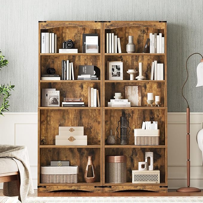 Tall Bookcase and Bookshelf, 6-Tier Bookcase with Storage, 63" Wooden Bookshelf, Farmhouse Freestanding Display Storage Shelves for Home Office, Living Room, Rustic Brown SJ09BR