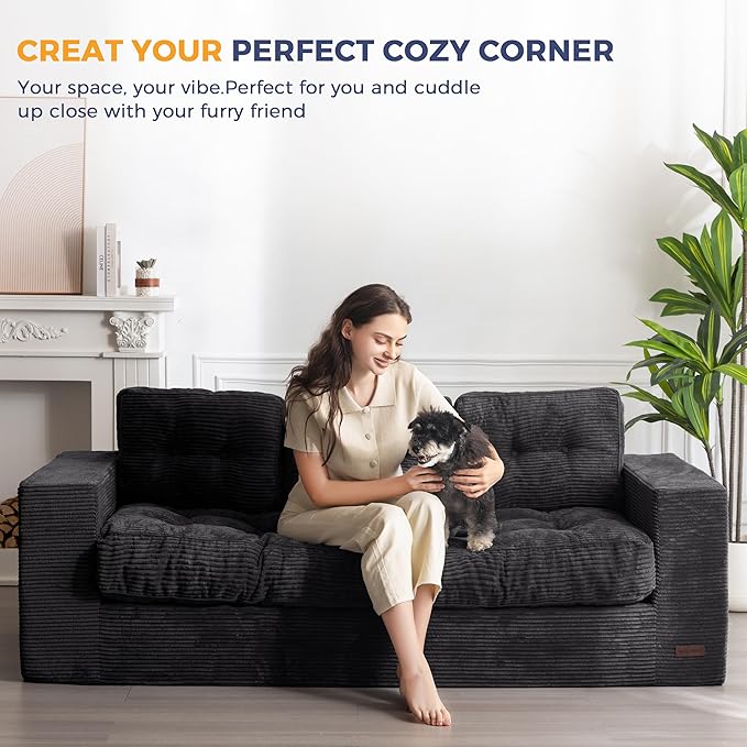 MAXYOYO 3 Seater Couch for Living Room, Boneless Couch with Tufted Cushion & Backrest, Upholstered Floor Sofa with Armrests, Sofa in A Box, No Assembly Required, Black