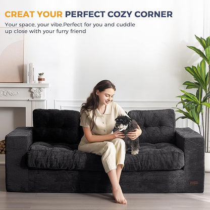 MAXYOYO 3 Seater Couch for Living Room, Boneless Couch with Tufted Cushion & Backrest, Upholstered Floor Sofa with Armrests, Sofa in A Box, No Assembly Required, Black