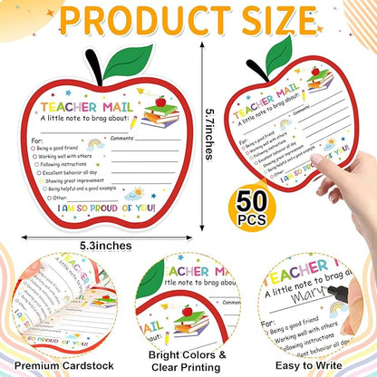 50Pcs Teacher Mail Notes to Parents, Happy Mail from Teacher, Brag Cards for Students Behavior Classroom Must Haves to Send Home for Preschool Kindergarten Elementary School Supplies (Apple)