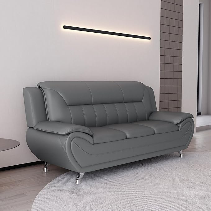Container Furniture Direct Michael Modern Faux Leather Upholstered Stainless Steel Legs Living Room Sofa, Loveseat, Gray