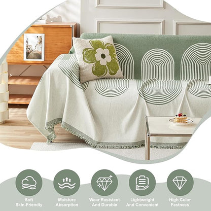 STACYPIK Green Geometric Couch Cover Boho Sofa Cover for Sectional Non-Silp Sofa Covers for Dogs Reversible Beige Couch Cover Loveseat Cover L Shaped Furniture Protector for 3 Cushion Couch-71X150IN