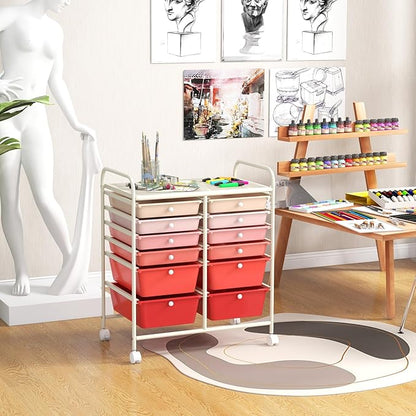 COSTWAY 12-Drawer Rolling Storage Cart, Moveable Art Craft Organizer W/Lockable Wheels, Metal Shelf, Files Arrangement Tools Makeup Storage Cart for Office, Home, School, Mixed Pink