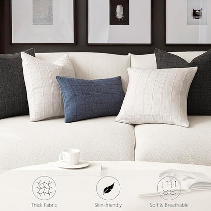 Foindtower Set of 2 Decorative Linen Check Throw Pillow Covers Neutral Farmhouse Vintage Cushion Covers Modern Boho Home Decor for Sofa Chair Couch Bedroom Living Room Outdoor,24×24 Inch,Cream White