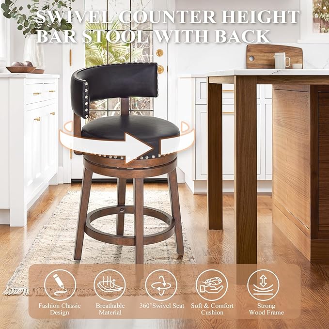 COLAMY Swivel Bar Stool, Modern Swivel Barstool with Back, Counter Height Bar Stools, 25 Inch Upholstered Wood Barstool for Kitchen Island Dining Room Bar, Dark Brown