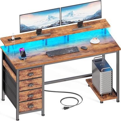 Furologee 47" Computer Desk with 4 Fabric Drawers & Monitor Stand, Gaming Desk with Power Outlets - LED Lights, Home Office Space-Saving Study Table for Bedroom Small Spaces (Rustic Brown)