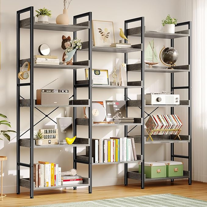 Rolanstar Bookshelf 5 Tiers, Triple Bookcase with Open Display Shelves, Industrial Wide Bookshelf with Metal Frame for Living Room, Office, Grey