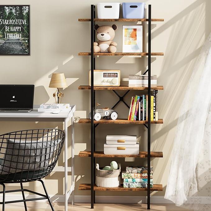6 Tiers Bookshelf Organizer Industrial Shelf,Modern Open Display Storage Bookcase,Rustic Brown and Metal Bookshelf Standing Storage Shelf Tall Shelving Units for Home Office Study