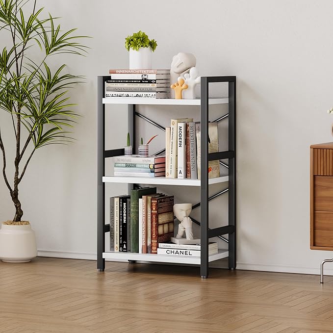 Homeiju Bookshelf, 3 Tier Industrial Bookcase, Metal Small Bookcase, Rustic Etagere Book Shelf Storage Organizer for Living Room, Bedroom, and Home Office(White) Patent Pending D29873033