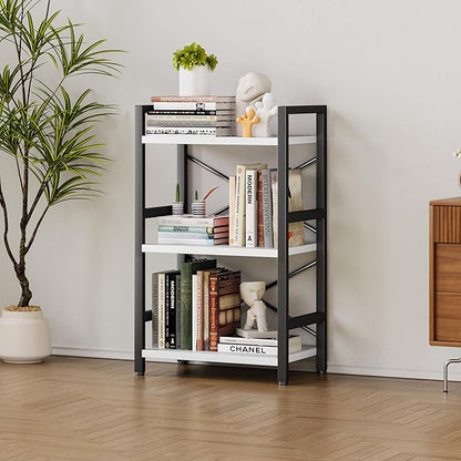 Homeiju Bookshelf, 3 Tier Industrial Bookcase, Metal Small Bookcase, Rustic Etagere Book Shelf Storage Organizer for Living Room, Bedroom, and Home Office(White) Patent Pending D29873033