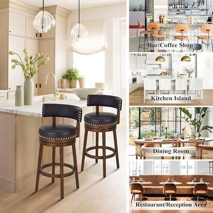 COLAMY Swivel Bar Stools Set of 4, 30 Inch Swivel Bar Height Bar Stools, Wood Swivel Barstools with Back, Modern Upholstered Wooden Barstools for Kitchen Island Dining Room Bar, Dark Brown