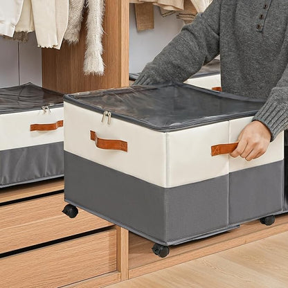 2 Pack Shoe Organizer for Closet,Shoe Storage Organizer with Wheels, Fits up to 32 Pairs,Adjustable Dividers,Fabric Shoe Storage Bins with Clear Cover,Beige and Grey