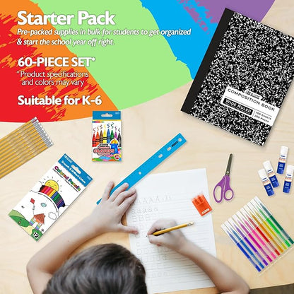 BAZIC Products School Kit Pack 60 Count, School Supply Box for Elementary Student K-6, Ruler Composition Book Pencil Eraser Crayon, 1-Pack