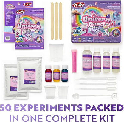 Playz Unicorn Slime & Crystals 100+ Science Experiments Kit Gift for Girls & Boys to Make Glow in The Dark Unicorn Poop, Snot, Fluffy Slime, Crystals, Putty, Arts & Crafts for Kids Age 8-12