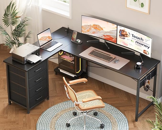 AODK L Shaped Gaming Desk with 4 Drawers, 61" Reversible Home Office Desks with Power Outlets, L Shaped Computer Desk with USB Charging Port and Host Stand, Corner Desk, Easy to Assemble, Black