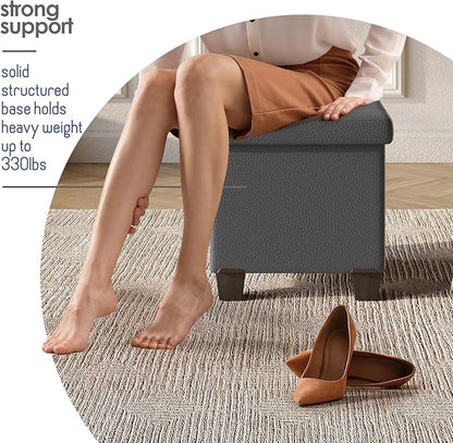 STORAGEBUD Storage Ottoman Cube with Small Bin, 16-in Square Ottoman with Storage for Living Room and Bedroom, Small Ottomans Foot Rest, Faux Leather Foot Stools Ottomans Max 330lbs, Grey