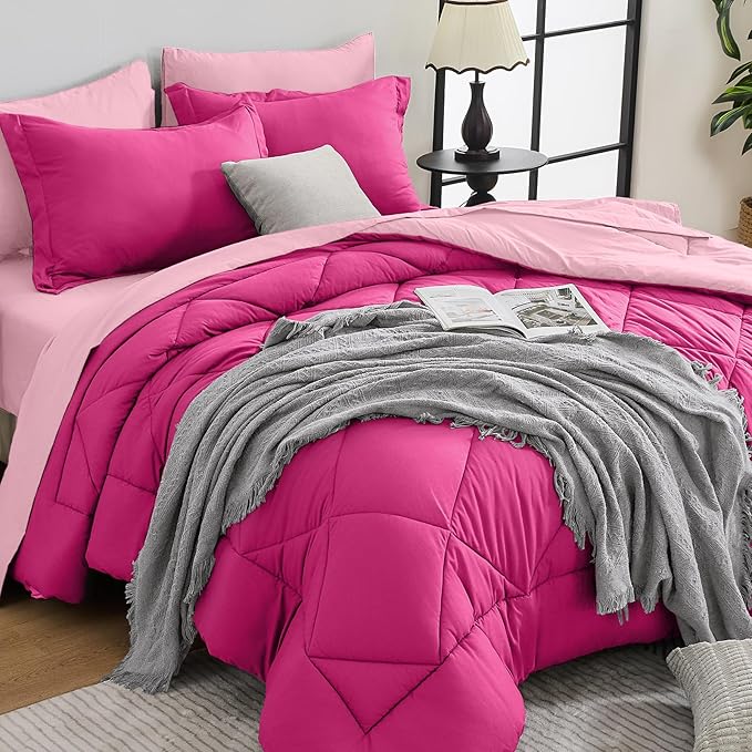 HEVUMYI Hot Pink & Baby Pink King Comforter Set - 7-Piece All Season Bed in a Bag King, Ultra Soft Bedding Set with Comforter, Flat Sheet, Fitted Sheet, Pillowcases, Pillow Shams