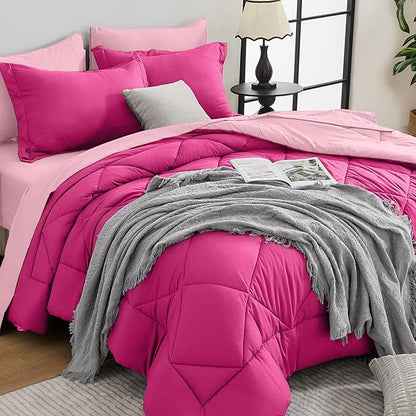 HEVUMYI Hot Pink & Baby Pink Full Comforter Set - 7-Piece All Season Bed in a Bag Full, Ultra Soft Bedding Set with Comforter, Flat Sheet, Fitted Sheet, Pillowcases, Pillow Shams