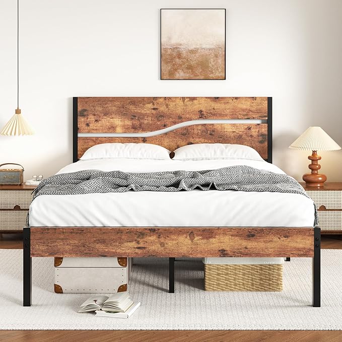 VECELO Full Size Bed Frame with Wood Headboard and Footboard, 14 Inch Platform/No Box Spring Needed, Heavy Duty Support, Easy Assembly