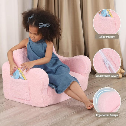 Comfy Toddler Chair, 2-in-1 Toddler Couch Fold Out, Convertible Sherpa Sofa to Lounger for Boys & Girls, Pink