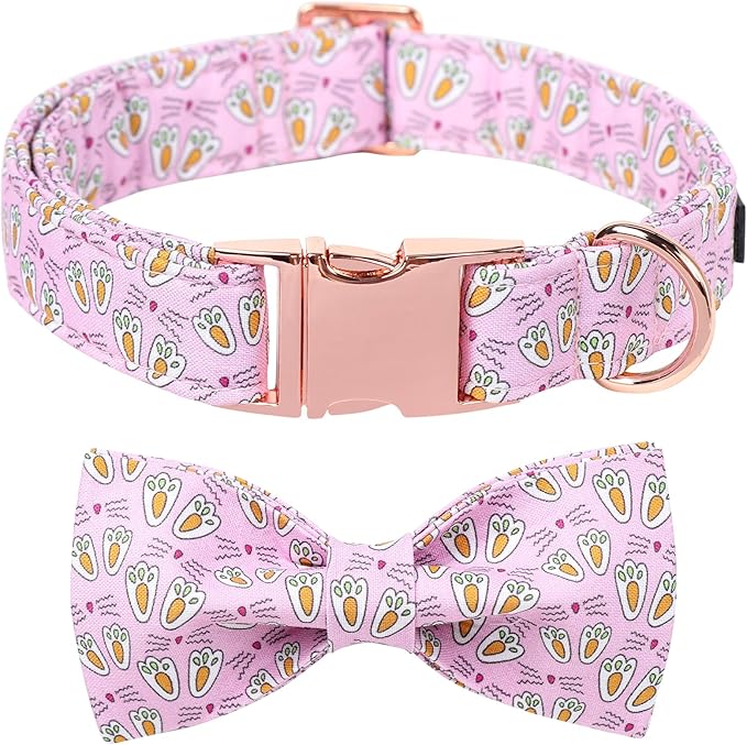 Maca Bates Rabbit Foot Dog Collar with Fancy Bow Tie for Medium Girl Boy Dogs, Pink Bunny Pattern,Adjustable Durable Soft Breakaway Collars Easter Day Gift for Male Female Puppy