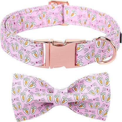 Maca Bates Rabbit Foot Dog Collar with Fancy Bow Tie for Medium Girl Boy Dogs, Pink Bunny Pattern,Adjustable Durable Soft Breakaway Collars Easter Day Gift for Male Female Puppy