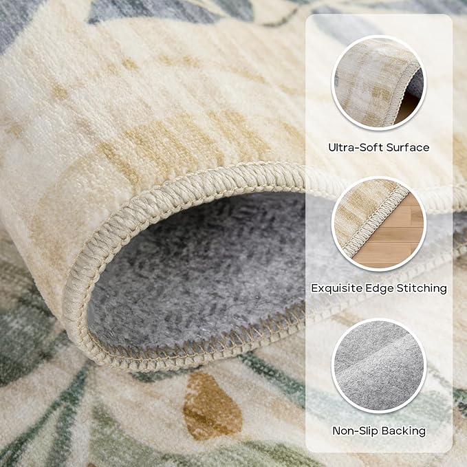 Machine Washable Area Rugs 2x3: Small Entryway Rug Soft Non-Slip Thin Carpet Floral Indoor Door Mat Floor Neutral Carpets for Entrance Bedroom Kitchen Laundry Bathroom Beige