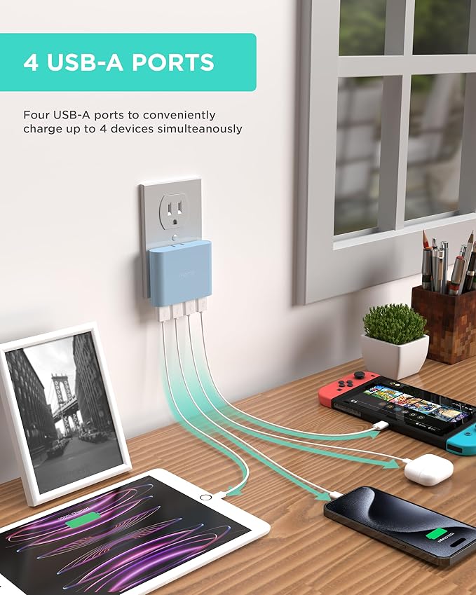 iHome Slim 4-Port USB Wall Charger, AC Pro Multiport Plug Adapter, Phone Charging Block with 4 Ports, Flat USB Wall Adapter for Home & Travel