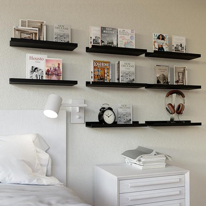 RICHER HOUSE Floating Wall Mounted Shelves, 8pc Set with Lip - Black Nursery Book Shelves for Bedroom, Bathroom, Kitchen Decor Storage