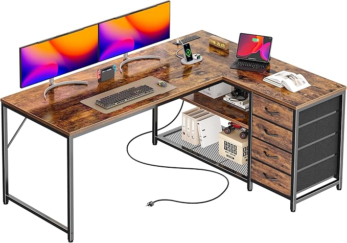 PRAISUN 53" L Shaped Desk with Power Outlets and USB-C Port, Reversible Computer Corner Office Desk with 4 Fabric Drawers and 2 Height-Adjustable Shelves, Large for Gaming Writing Study, Rustic Brown