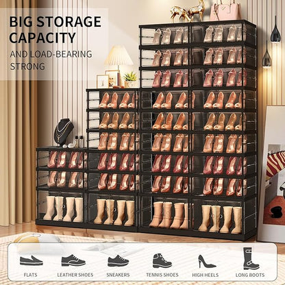 9-Tier Foldable Shoe Rack for Closet Entryway 18-36Pairs,Stackable Clear Shoe Storage Boxes Organizer with Door Plastic Shoe Cabinet Bins with Lids Shoes Shelf Easy Assembly Large Black