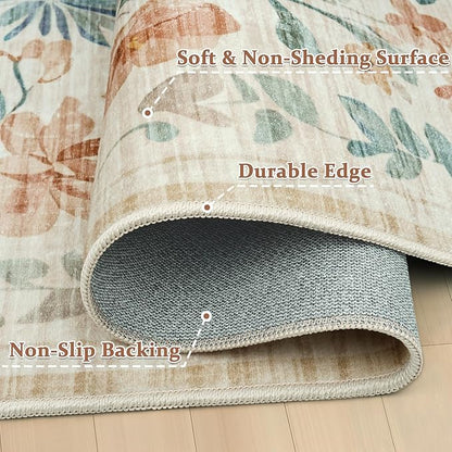 5x7 Area Rugs Washable Rug: Lagre Boho Living Room Rug Soft Non-Slip Thin Carpet Indoor Floor Non-Shedding Neutral Floral Carpets for Bedroom Dining Room Farmhouse Nursery Beige