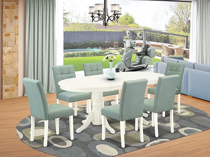 East West Furniture VAAS7-LWH-43 7 Piece Dining Set consists A Mid Century Dining Table and 6 Willow Green Polyester Fabric Modern Dining Chairs, Linen White