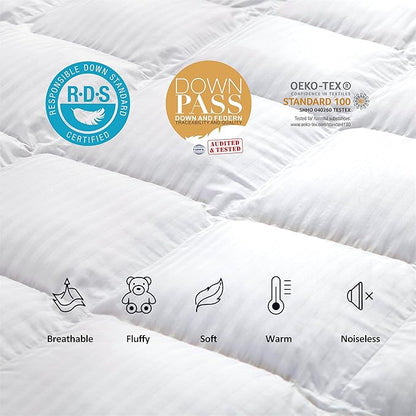 Luxurious All-Season Goose Down Feather Fiber Comforter Duvet Insert, Exquisite King White Stripe Design, Premium Baffle Box, 100% Cotton Down Proof Fabric, 65 oz. Fill Weight