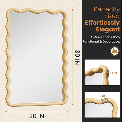 Bathroom Mirror for Wall, 20"x30" Boho Wavy Wood Mirror Large Full Length Decorative Mirror with Tempered Glass, Natural Wooden Frame Vanity Mirror for Bedroom, Living Room, Entryway