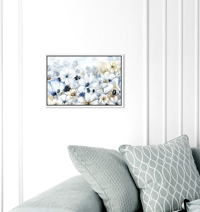 The Oliver Gal Artist Co. Floral and Botanical Wall Art Framed Canvas Prints 'Fields Flowers Home Décor, 15" x 10", Blue, White