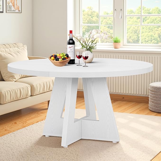 NicBex 47-Inch Round Dining Table for 4, Farmhouse Dinner Table Small Farmhouse Kitchen Tables with Wood Pedestal Base for Dining Room, Kitchen, Living Room, White