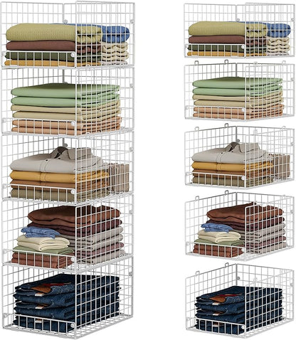 5-Tier Stackable Closet Storage Shelves, Closet Organizers and Storage Basket, Foldable & Stackable Clothes Organizer for Closet Organizer System,Space-Saving Closet Storage Shelf for Home ,White