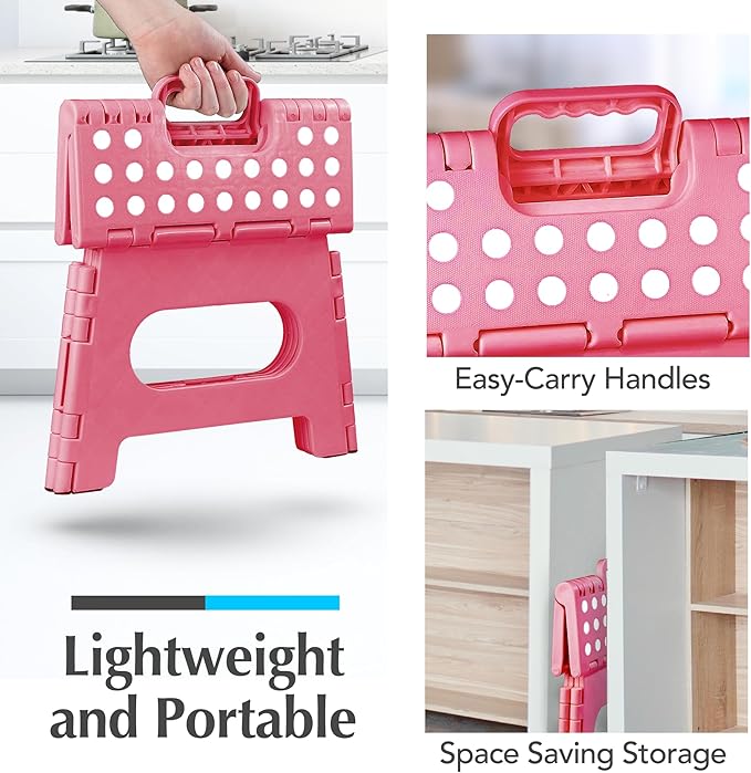 Handy Laundry - Folding Step Stool - Sturdy Enough Collapsible Stool to Support Adults and Safe Enough for Kids - Opens Easy with One Flip - Great for Kitchen, Bathroom or Bedroom (Pink - 9 Inch)