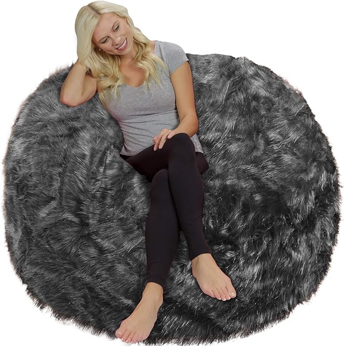 Chill Sack Bean Bag Chair - 5' Giant Memory Foam Lounge Chair with Soft Microfiber Cover – Cozy Furniture for Living Room, Dorm, & Kids' Rooms – Comfortable 5 Ft, Faux Long Fur Lounge Sofa, Gray
