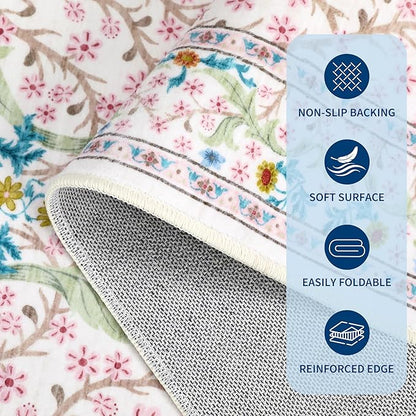 GarveeHome Pink Floral 4 ft Round Rug Washable Non-Slip Soft Low Pile Small Circle Carpet Vintage Rugs for Kitchen Bedroom Nursery Dining Living Room