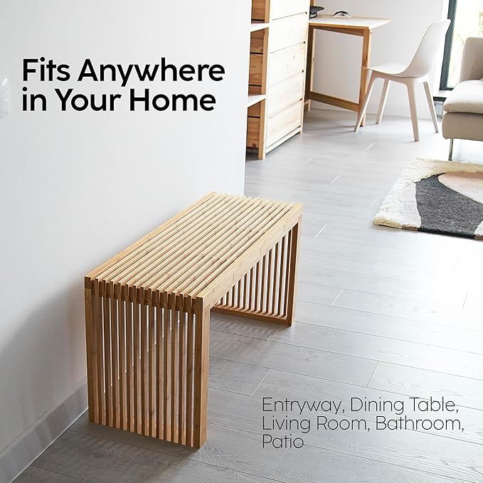 Bamboo Natural 36 inch Wooden Bench, Small Wood Benches for Entryway, Living & Dining Room, Kitchen, Bedroom, Bathroom, Hallway, Front Door, For Indoor & Outdoor Patio Use, Mid Century Modern Decor