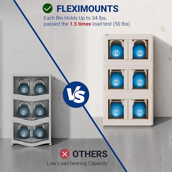 FLEXIMOUNTS 150 QT Stackable Storage Bins With Lids, Collapsible Plastic Storage Bins, Closet Organizers and Storage Containers with Doors and Built-in Wheels For Home, 4 Pack Cubes, Milky White